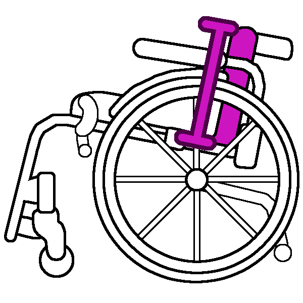 A black and white rigid wheelchair in profile with a bright pink back rest and a measurement line from the bottom to the top of the back rest. 